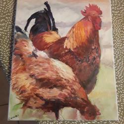 Huile sur toile 41cmx33cm/Coq et poule.