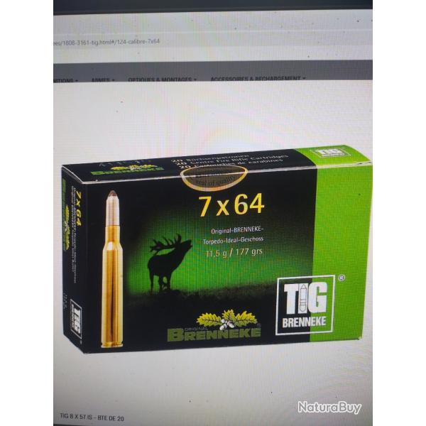 Brenneke tig calibre 7x64 11.5g/177grs bote de 20 munitions