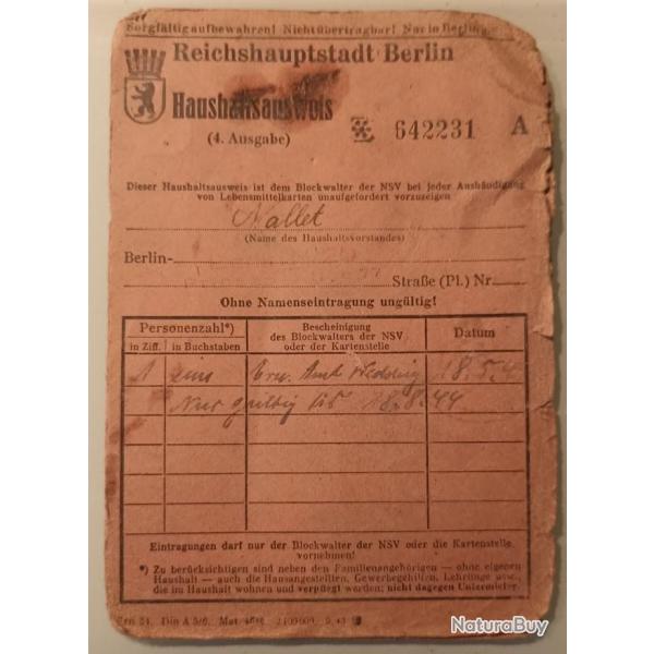 Carte Ausweis identit service STO  Berlin 1944 WW2