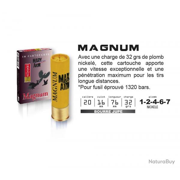 Cartouches MARY ARM MAGNUM Calibre 20/76 32grs bourre  jupe 6