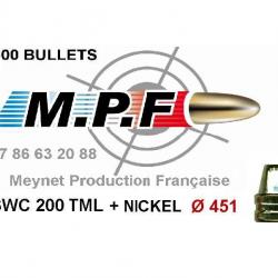 Ogives MPF cuivrées nickelées 45 SWC 200 Gr TMJL + nickel  Ø 451" par 1000