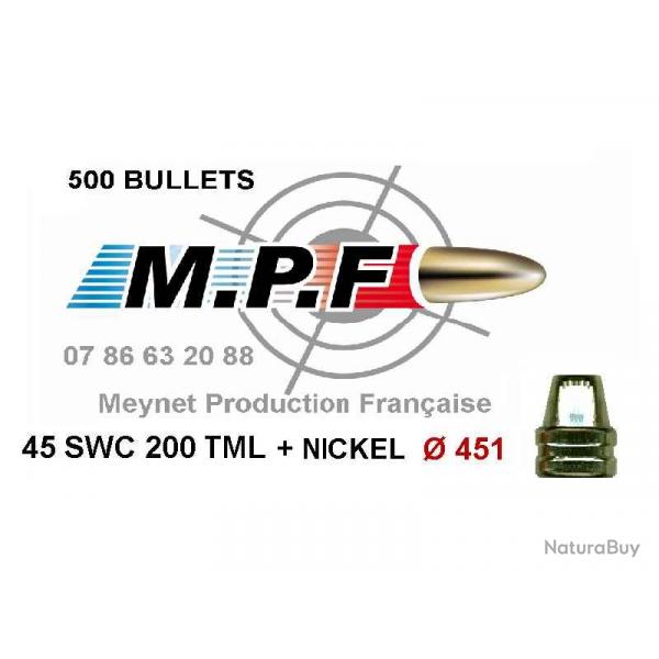 Ogives MPF cuivres nickeles 45 SWC 200 Gr TMJL + nickel   451" par 1000