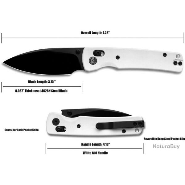 Couteau Miguron Vakor White Lame Drop Point Acier 14C28N Manche G10 Crossbar Lock Clip MGR817AWH