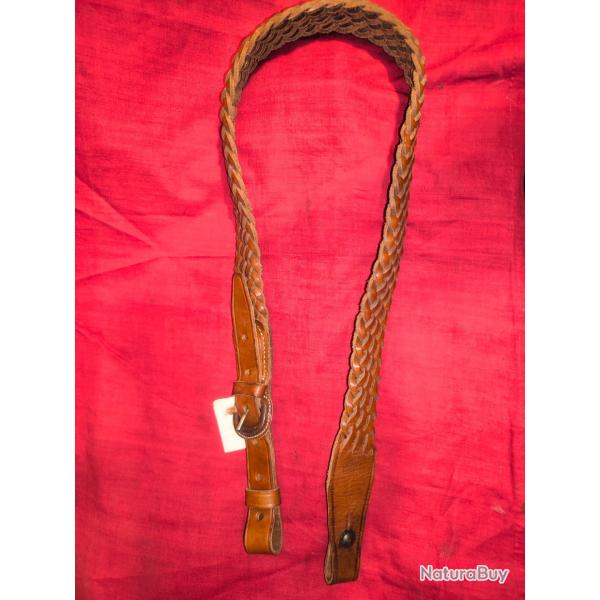 Bretelle de fusil de chasse cuir fauve tresse 5 brins. Trs bel tat. Occasion