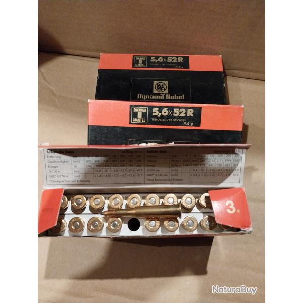 3 boites de 20 cartouches 5,6x52R  ( 22 savage) RWS 71 gr SP