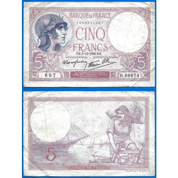 France 5 Francs 1940 5 Dcembre Violet Billet Franc Frcs Frc
