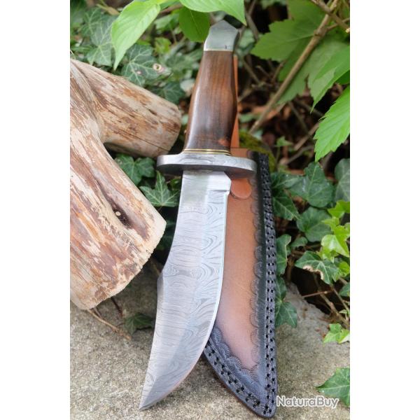 Poignard Davy Crockett Garde Pommeau Lame Acier Damas 256 Couches Manche Bois Etui Fabric Artisanale