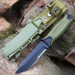 Couteau Extérieur Inox Dent 25cm Manche Vert Antidérapant Tactique Rando Camping Survie Brise Vitre