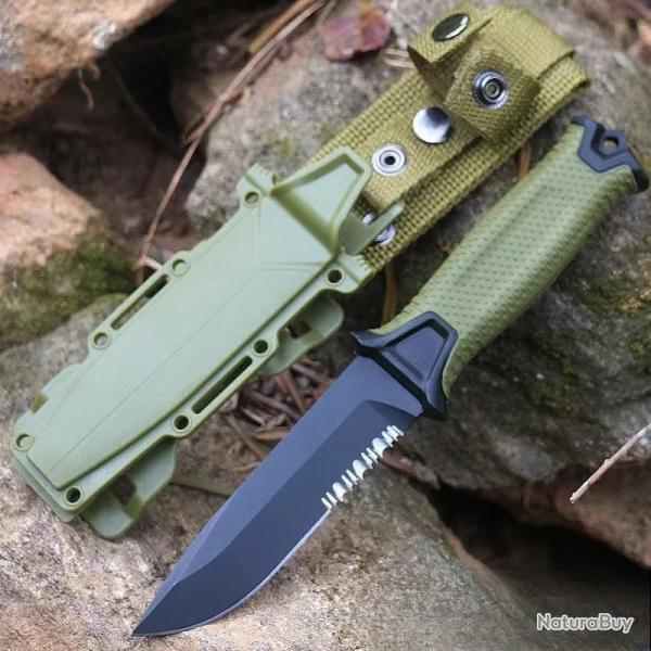 Couteau Extrieur Inox Dent 25cm Manche Vert Antidrapant Tactique Rando Camping Survie Brise Vitre