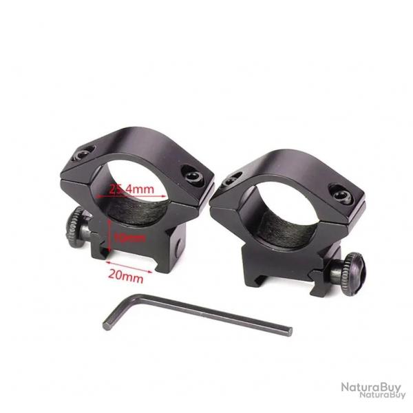 2x colliers de montage 25,4 mm pour lunette de tir - rail 20 mm - LIVRAISON GRATUITE