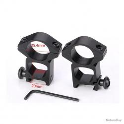 2x colliers de montage profil haut pour lunette de tir 25,4mm - pour rail 20 mm - LIVRAISON GRATUITE