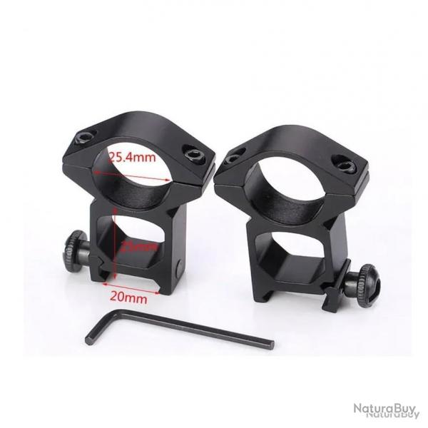 2x colliers de montage profil haut pour lunette de tir 25,4mm - pour rail 20 mm - LIVRAISON GRATUITE
