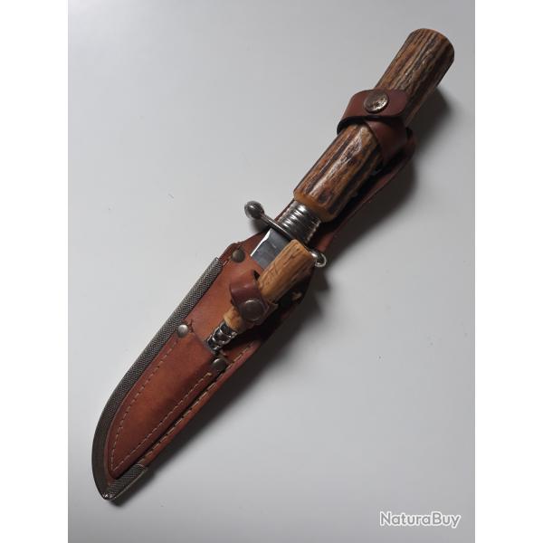 couteaux de chasse ancienn manche bois de cerf etuit cuir double