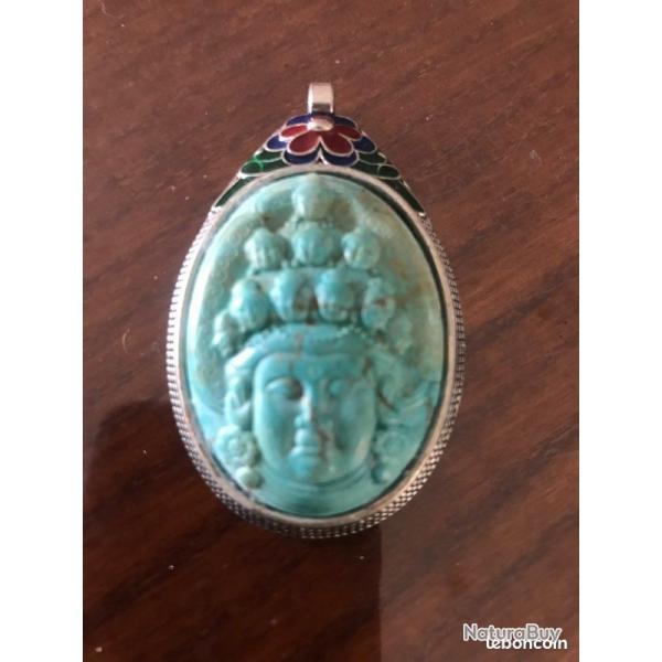 pendentif amulette bouddhisme tte deesse Guan yin en turquoise - estampille