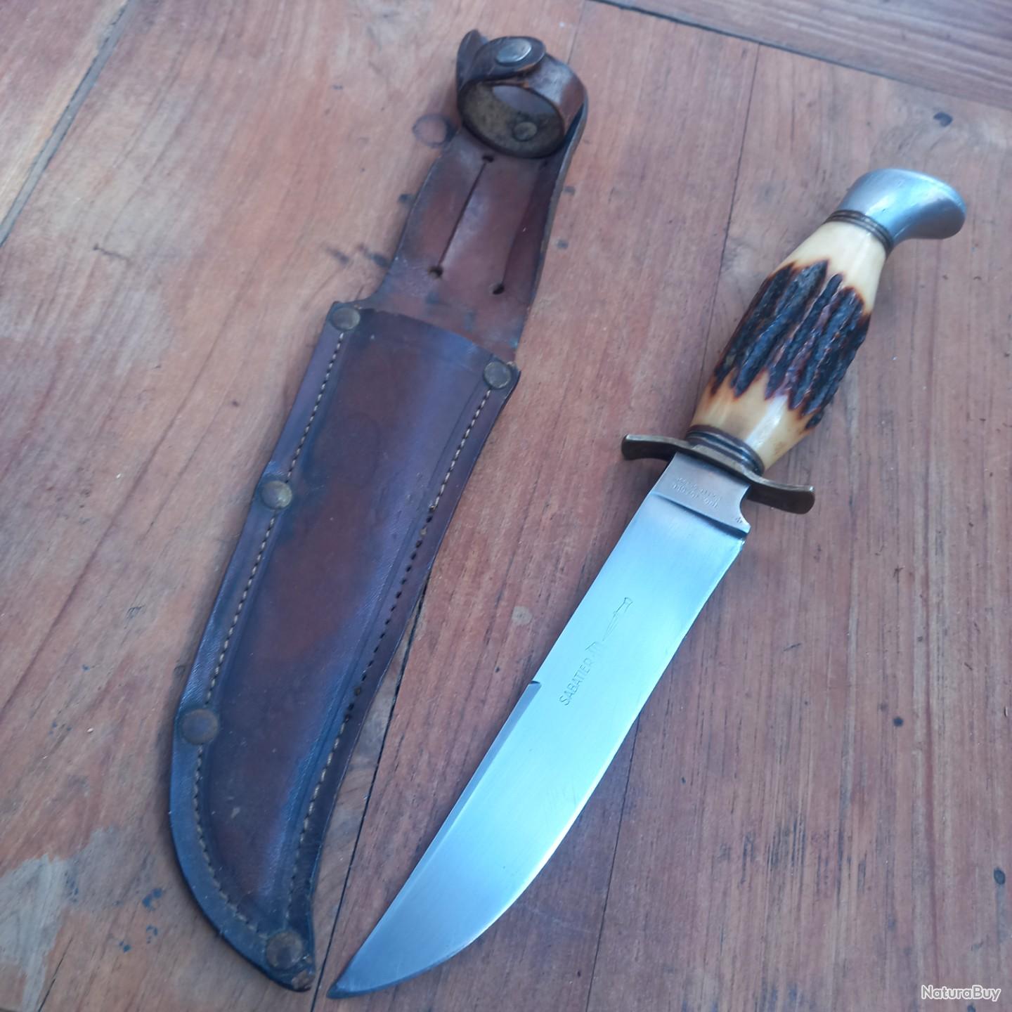 Couteau De Camping Ancien Boyscout – Lame LG Inox, Manche Bois De Cerf, étui Cuir, France