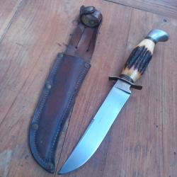 Grand et Solide Couteau de Chasse SABATIER Manche en Bois de Cerf avec Étui en cuir