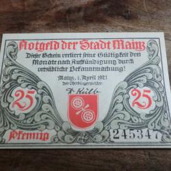 billet allemagne mayence  25 pfennings 1.4.1921 / N° 245347  neuf