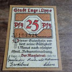 billet allemagne lage stadt  25 pfennings 1921 / N° 103528  neuf