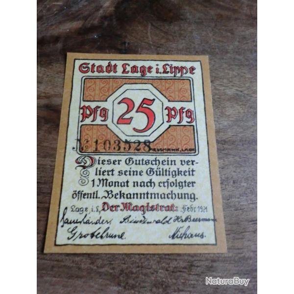 billet allemagne lage stadt  25 pfennings 1921 / N 103528  neuf