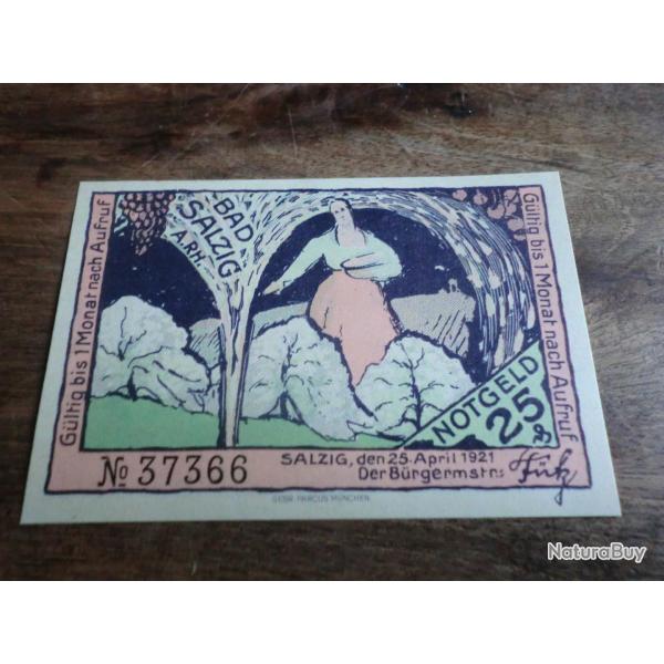 billet allemagne bad salzig a.RH. 25 pfennings 25.04.1921 / N 37366  neuf