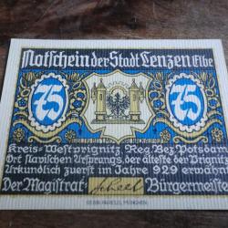 billet nécessité germany lenzen tour 75 pfennings 1922 / neuf