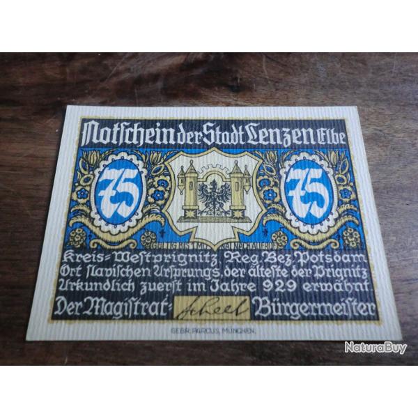 billet ncessit germany lenzen tour 75 pfennings 1922 / neuf