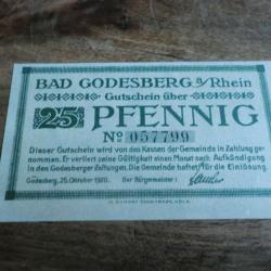 billet nécessité germany bad godesberg  25 pfennings 10.1920 / N°057799  neuf