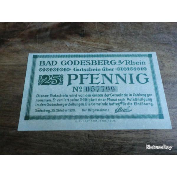 billet ncessit germany bad godesberg  25 pfennings 10.1920 / N057799  neuf