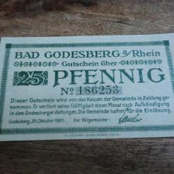 billet nécessité germany bad godesberg  25 pfennings 10.1920 / N°186253 neuf