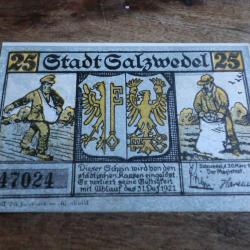 billet nécessité germany salzwedel notgeld  25 pfennings 03.1921 / N° 47024  neuf