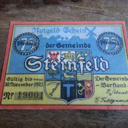 billet nécessité notgeld steinfeld  75 pfennings 11.1921 / N° 19001 /  neuf