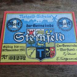 billet nécessité notgeld steinfeld  1 marck  11.1921 / N° 01272 /  neuf