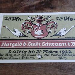 billet nécessité germany schwaan notgeld 25 pfennig 03. 1922  / neuf