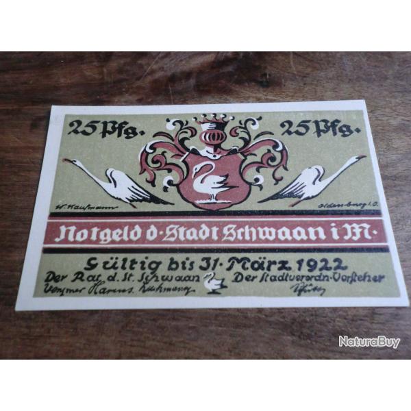 billet ncessit germany schwaan notgeld 25 pfennig 03. 1922  / neuf