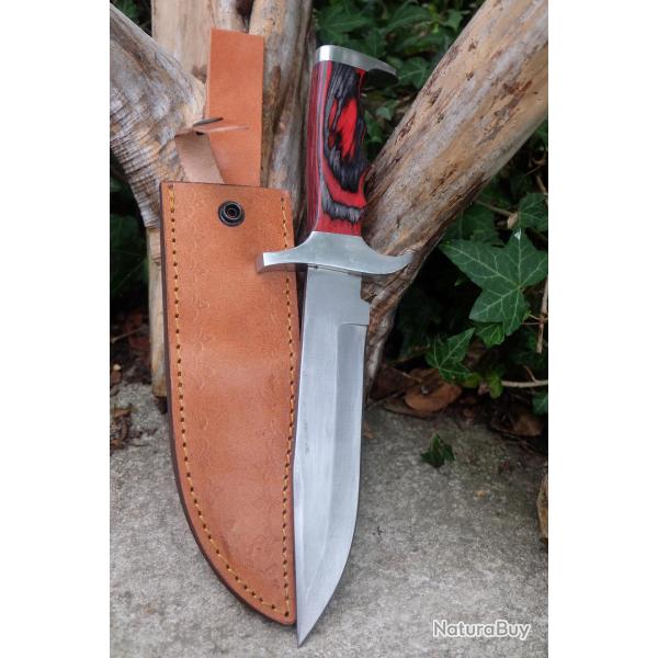 Poignard Bushcraft Couteau de Chasse Survie Lame Carbone 1055 Manche Bois/Acier Etui Cuir F ArtisanA