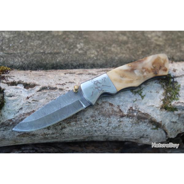 Beau Couteau Damas Lame Drop Point 128 Couches Manche Blier Mitres Dcores Linerlock Fab Artisanat