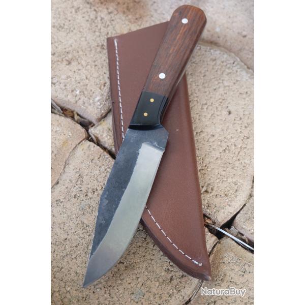 Poignard Bushcraft Couteau de Chasse Survie Lame Carbone 1075 Manche Bois Etui Cuir Fabr Artisanat