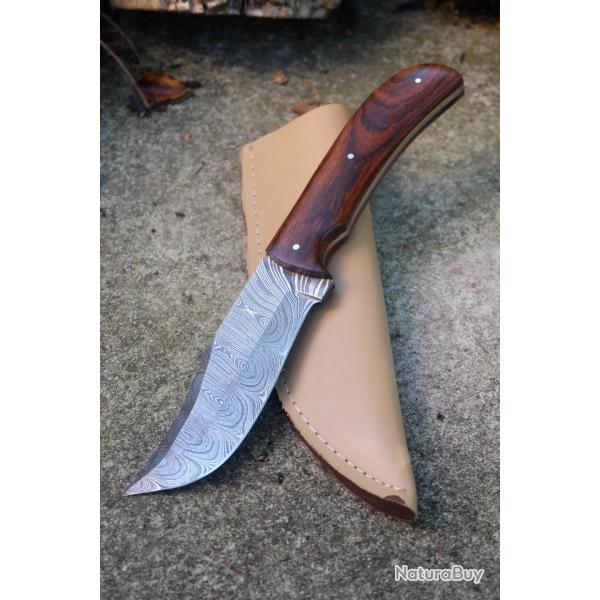 Couteau Bowie Damas Lame Clip Point Acier 256 Couches Manche Bois Etui Simili Cuir Fab Artisanale