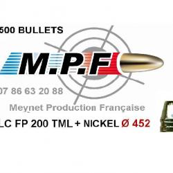 Ogives MPF cuivrées nickelées 45 LC FP 200 Gr TMJL + nickel  Ø 451" par 1000