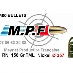 Ogives MPF cuivrées nickelées 38 RN 158 Gr TMJL + nickel  Ø 357" par 500 en port gratuit