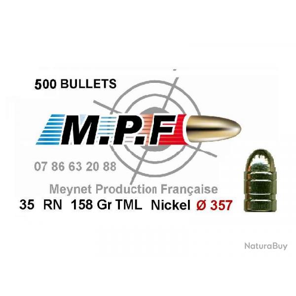 Ogives MPF cuivres nickeles 38 RN 158 Gr TMJL + nickel   357" par 500 en port gratuit