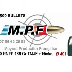 Ogives MPF cuivrées nickelées 38/40 RNFP 185 Gr TMJE + nickel  Ø 401" par 500