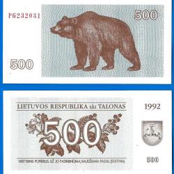 Lituanie 500 Talonas 1992 Neuf Billet Litu Litas Animal Ours