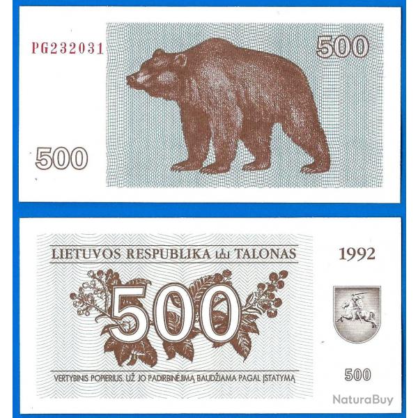 Lituanie 500 Talonas 1992 Neuf Billet Litu Litas Animal Ours