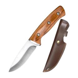 Couteau Fixe Lame Inox 11cm, Manche Bois Robuste + Étui Cuir PU - Outdoor Chasse Randonnée