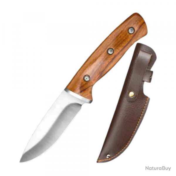 Couteau Fixe Lame Inox 11cm, Manche Bois Robuste + tui Cuir PU - Outdoor Chasse Randonne