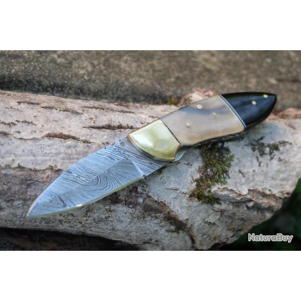 Beau Couteau Damas Lame Sheepfoot 128 Couches Manche Blier & Rsine Fab Artisanale Linerlock