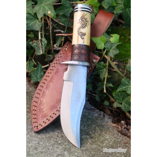Couteau de chasse Bowie sur mesure 12 pouces D2 en acier à outils, manche en corne de taureau - France
