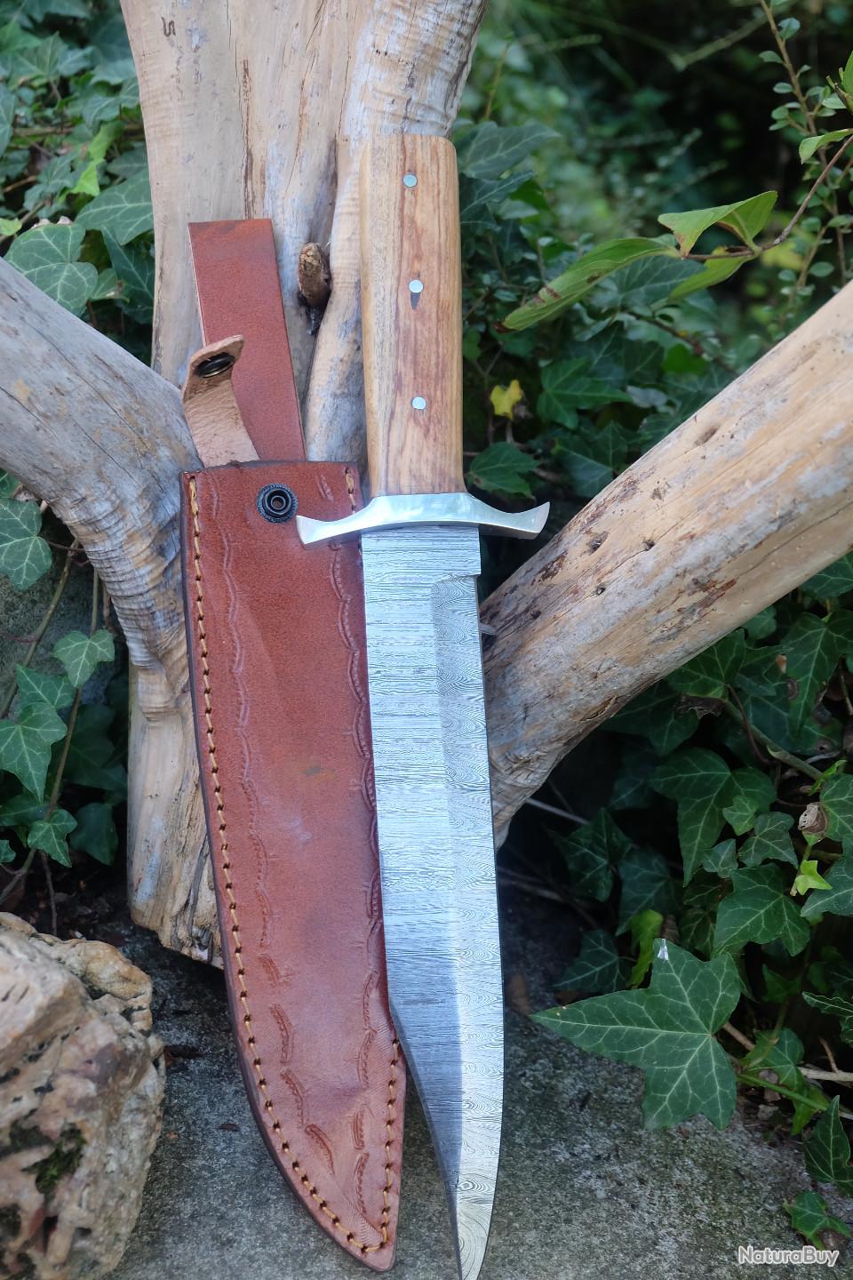 Couteau Bowie Robuste Avec Fourreau Cuir - Lame Acier, Manche En Bois De Cerf, Neuf