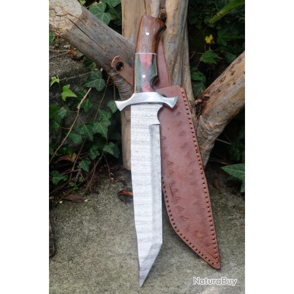 Puukko XXL Couteau Damas Lame 256 Couches Tanto Manche Bois Fabrication Artisanale Etui Cuir